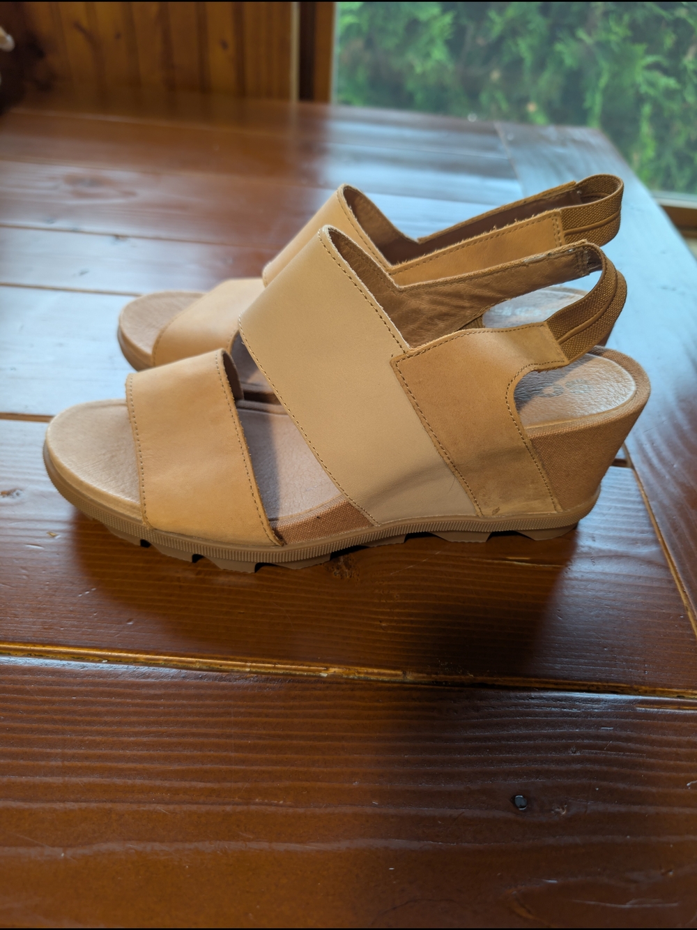 Sorel Joanie Beige and Tan Wedge Slingback Sandals